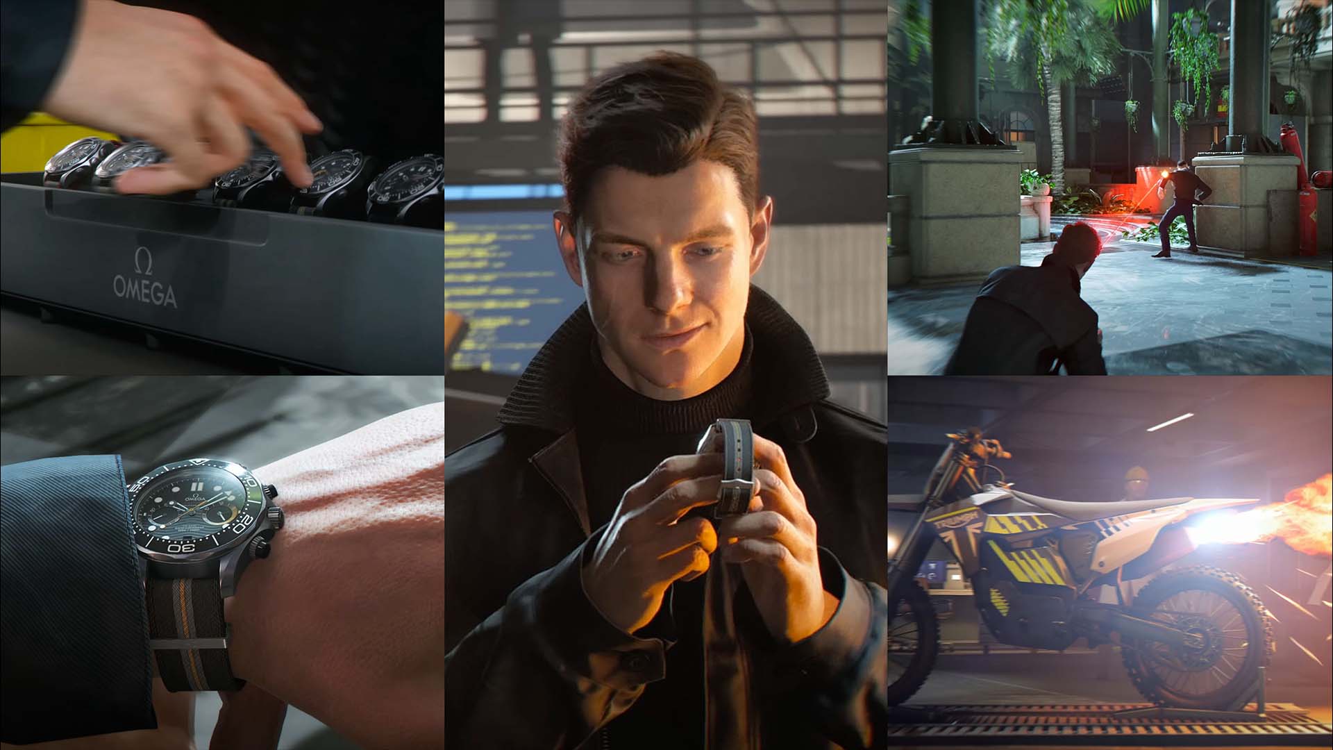 007 First Light screenshot collage for the omega seamster watch with bond looking at his watch, taking it out of the case, wearing it, using the laser gadget and potential bike functions