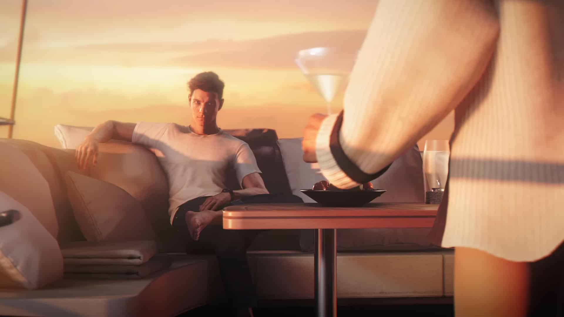 007: First Light Screenshot: Bond resting on a yacht, waiting for a romantic moment and a women with some drinks.A woman an is approaching with a glass, it's potentially Isola