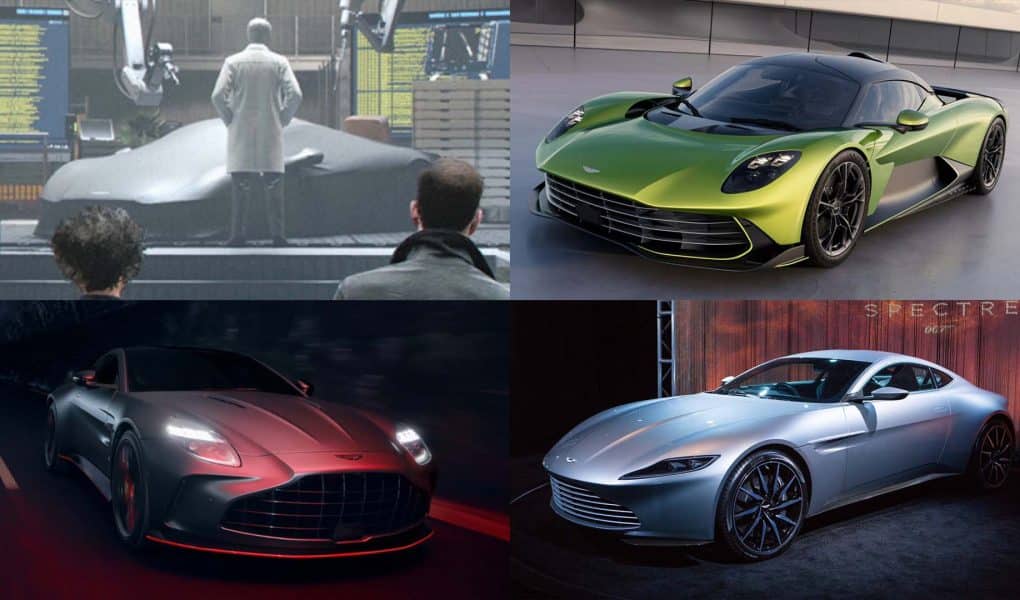 Collage of Aston Martin vehicles related to James Bond: a covered prototype in the Q lab from 007: First Light, the green Valhalla hypercar, the dark Vantage S in motion, and the silver DB10 from Spectre on display.