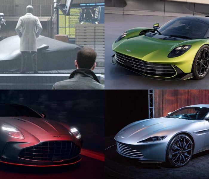 Collage of Aston Martin vehicles related to James Bond: a covered prototype in the Q lab from 007: First Light, the green Valhalla hypercar, the dark Vantage S in motion, and the silver DB10 from Spectre on display.