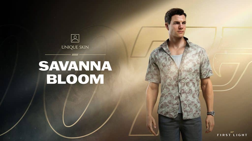 The 007 First Light Savanna Bloom Unique Skin unlocked for James Bond by 500.000 game wishlists