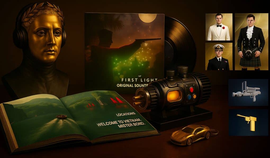 Collector’s Edition Mockup for 007: First Light, featuring a golden villain bust as centerpiece, a vinyl soundtrack, an open artbook with “Welcome to Vietnam, Mister Bond”, a high-tech device, and a small golden Aston Martin Valhalla keychain. Including digital goodies
