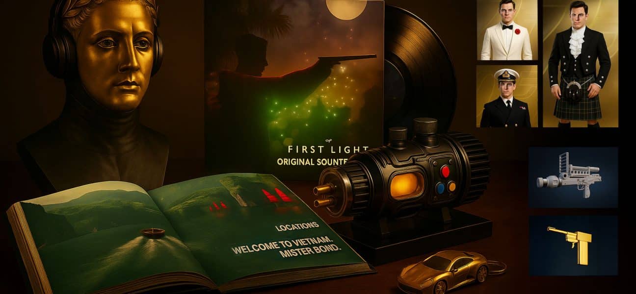 Collector’s Edition Mockup for 007: First Light, featuring a golden villain bust as centerpiece, a vinyl soundtrack, an open artbook with “Welcome to Vietnam, Mister Bond”, a high-tech device, and a small golden Aston Martin Valhalla keychain. Including digital goodies