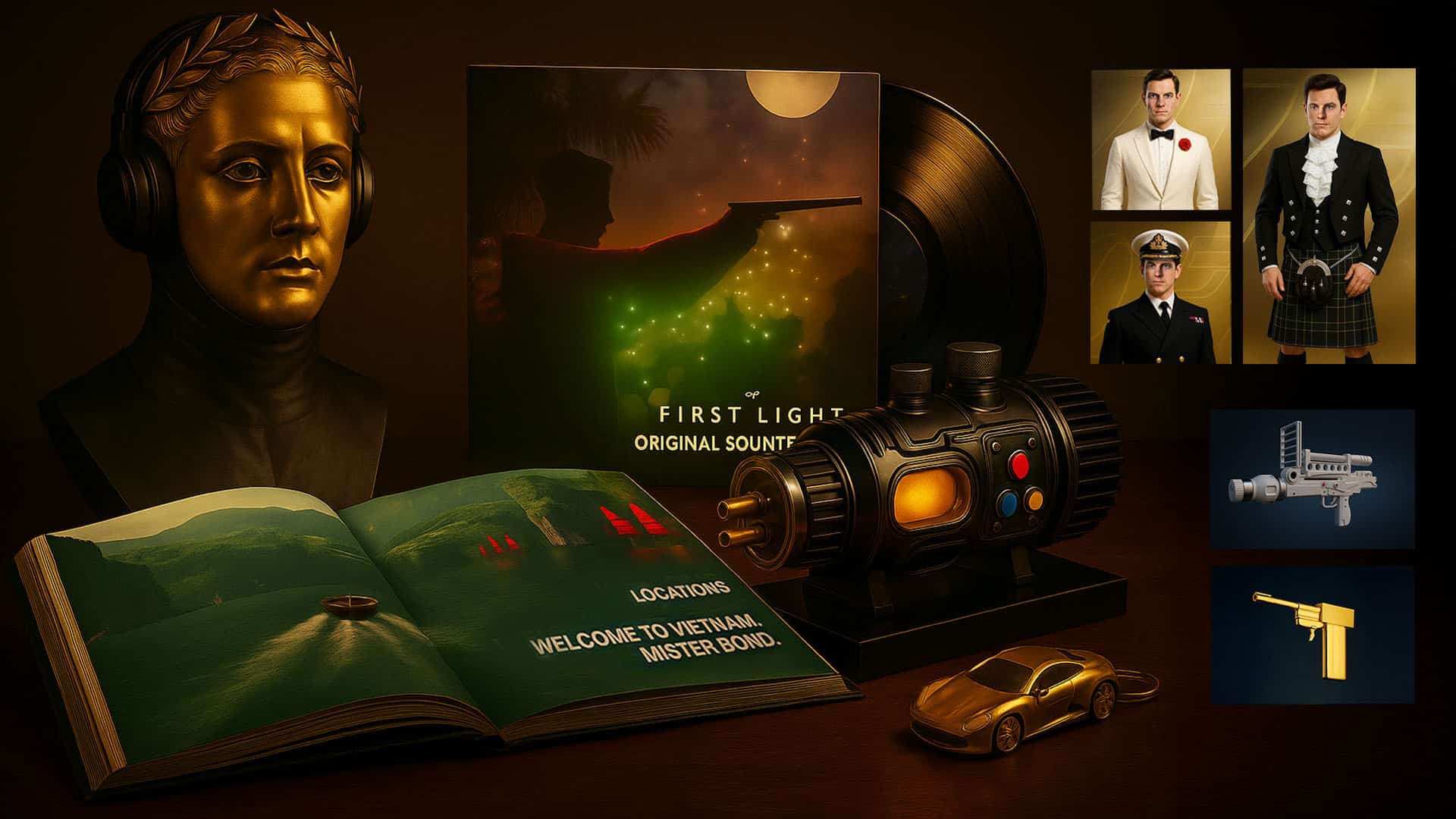 Collector’s Edition Mockup for 007: First Light, featuring a golden villain bust as centerpiece, a vinyl soundtrack, an open artbook with “Welcome to Vietnam, Mister Bond”, a high-tech device, and a small golden Aston Martin Valhalla keychain. Including digital goodies