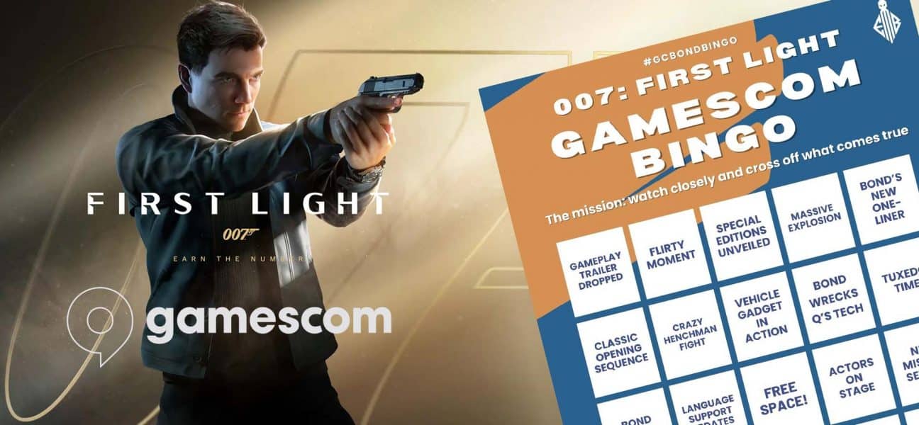 Header graphic for 007: First Light Gamescom Bingo – featuring James Bond aiming his gun alongside the official Gamescom logo and the bingo sheet with possible reveals like gameplay trailer, Valhalla drive, and tuxedo time.