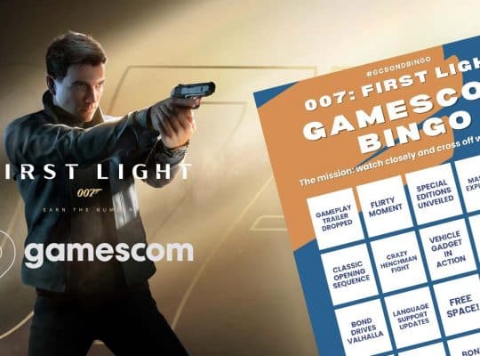 Header graphic for 007: First Light Gamescom Bingo – featuring James Bond aiming his gun alongside the official Gamescom logo and the bingo sheet with possible reveals like gameplay trailer, Valhalla drive, and tuxedo time.