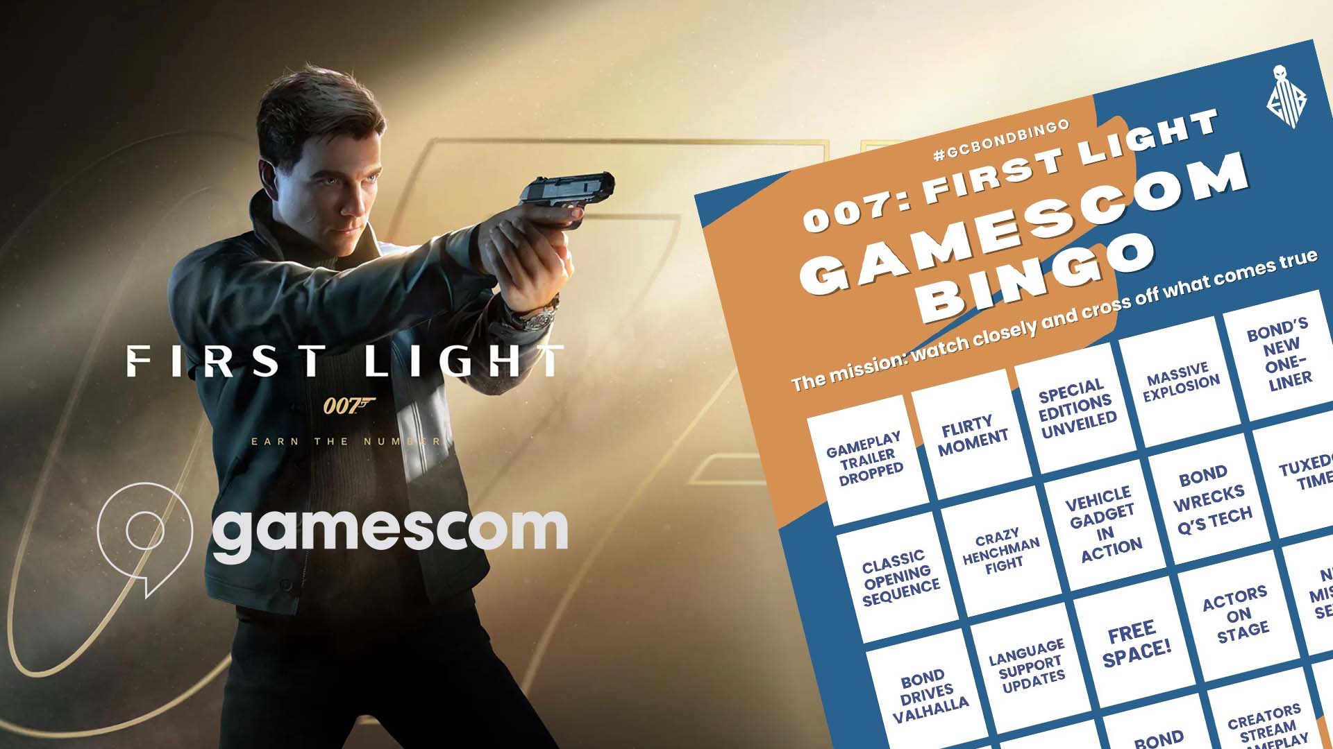 Header graphic for 007: First Light Gamescom Bingo – featuring James Bond aiming his gun alongside the official Gamescom logo and the bingo sheet with possible reveals like gameplay trailer, Valhalla drive, and tuxedo time.