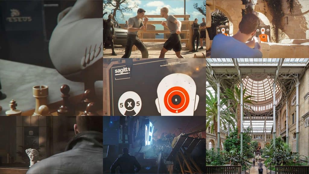 Collage of scenes from 007: First Light with Mediterranean influences: James Bond in seaside combat training, shooting practice among ancient ruins, Roman-inspired target boards, classical sculptures, and a night cityscape with monumental facades. The collage also features the Winter Garden of the Ny Carlsberg Glyptotek in Copenhagen, emphasizing classical and Mediterranean architecture.