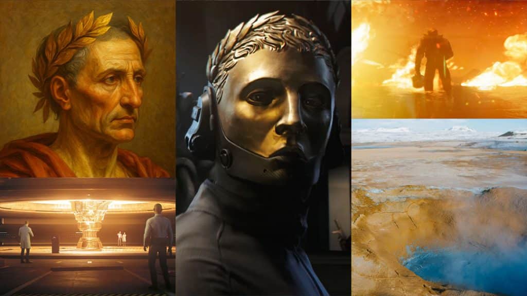 A visual collage linking classical and modern villainy in 007: First Light — from a golden laurel crown worn by Julius Caesar to a masked antagonist with a futuristic headset and golden faceplate. Alongside: Bond walking through fire, a mysterious underground device, and the geothermal wastelands of Iceland, where volcanic gas renders the air unbreathable during Bond’s final Navy mission.