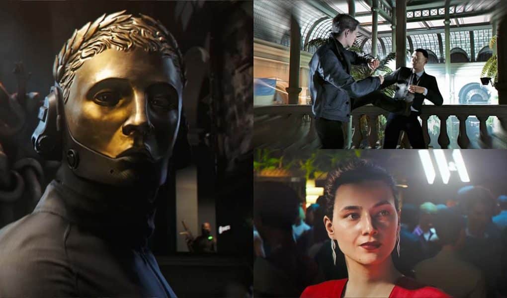 Key characters from 007: First Light — the mysterious villain with a golden laurel mask and tactical headset, an intense hand-to-hand fight during Bond’s infiltration of Webb Industries, and the enigmatic Isola in a red dress at a crowded evening event. A visual contrast of danger, elegance, and high-stakes espionage.