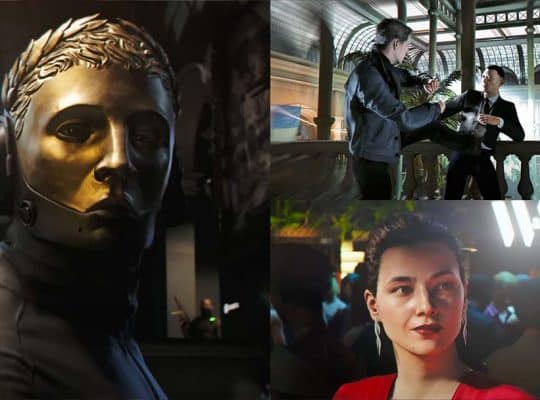 Key characters from 007: First Light — the mysterious villain with a golden laurel mask and tactical headset, an intense hand-to-hand fight during Bond’s infiltration of Webb Industries, and the enigmatic Isola in a red dress at a crowded evening event. A visual contrast of danger, elegance, and high-stakes espionage.
