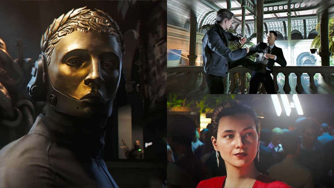 Key characters from 007: First Light — the mysterious villain with a golden laurel mask and tactical headset, an intense hand-to-hand fight during Bond’s infiltration of Webb Industries, and the enigmatic Isola in a red dress at a crowded evening event. A visual contrast of danger, elegance, and high-stakes espionage.