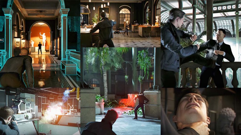 Action-packed collage from 007: First Light showing James Bond infiltrating Webb Industries. Scenes include sneaking through a neoclassical museum corridor, engaging in hand-to-hand combat inside a glass-domed atrium, exchanging gunfire in a high-tech lab, and neutralizing enemies among marble statues and tropical plants — highlighting the mission’s blend of stealth, violence, and cinematic flair.