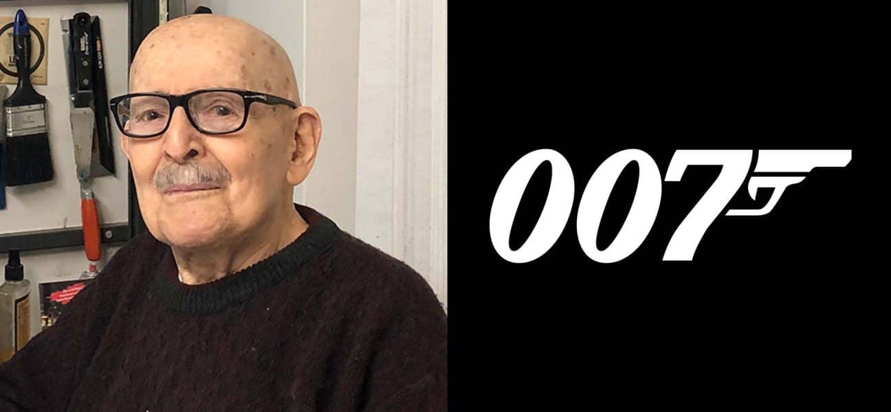 Photo of designer Joe Caroff next to his 007 Logo for James Bond