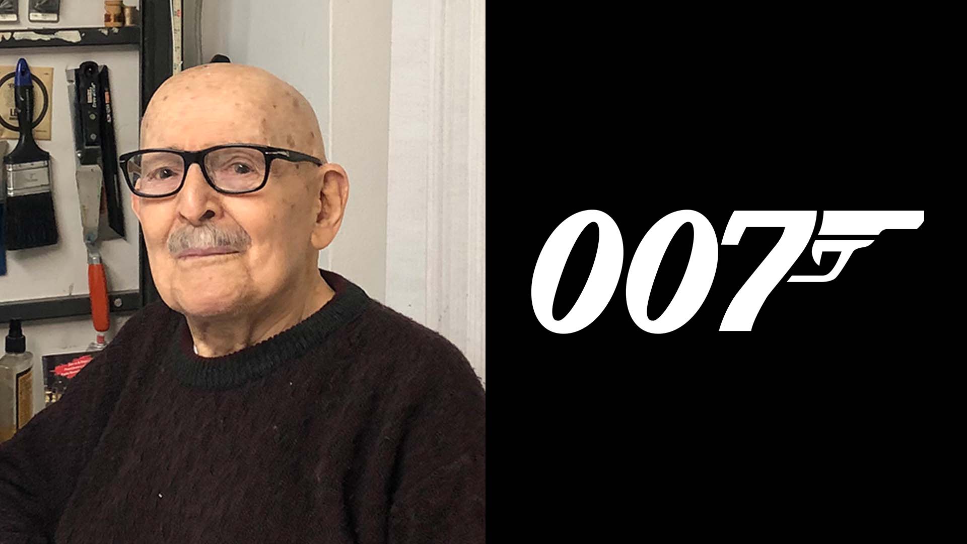 Photo of designer Joe Caroff next to his 007 Logo for James Bond