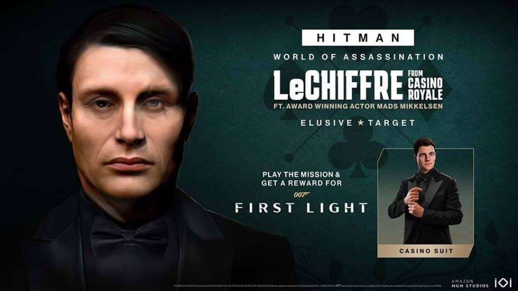 Play the Hitman Elusive Target mission to unlock the Casino Suit skin in 007: First Light 