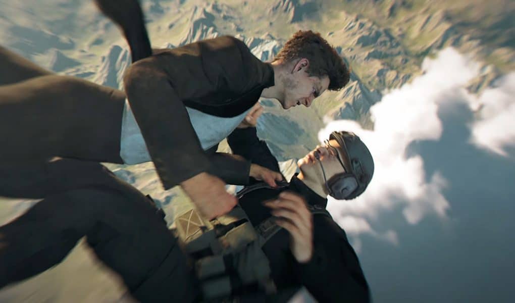 007 First Light Screenshot Free Fall. Bond drops out of the cargo plain. In free fall he needs to find a parachute and fights bad guys