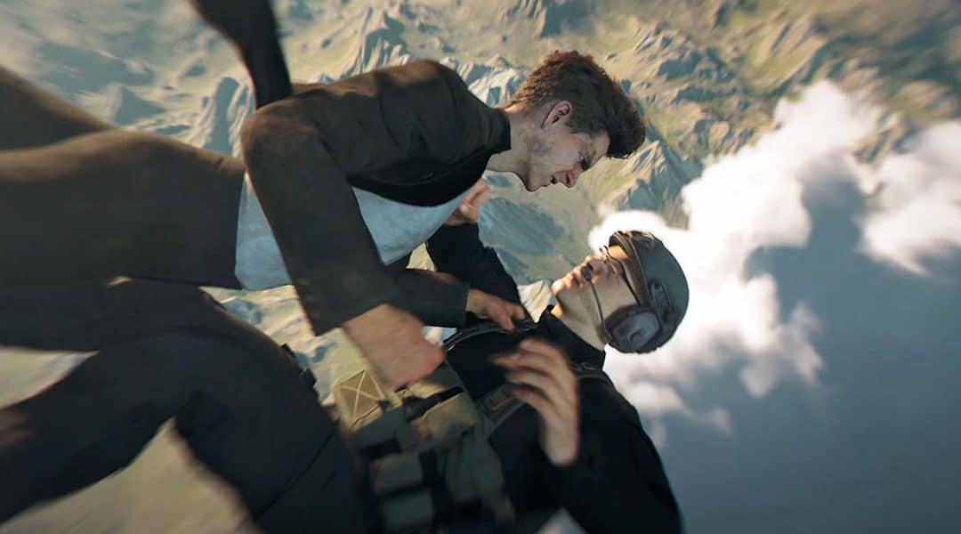 007 First Light Screenshot Free Fall. Bond drops out of the cargo plain. In free fall he needs to find a parachute and fights bad guys
