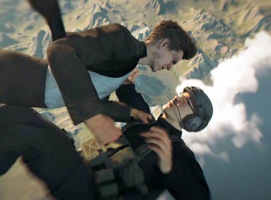 007 First Light Screenshot Free Fall. Bond drops out of the cargo plain. In free fall he needs to find a parachute and fights bad guys