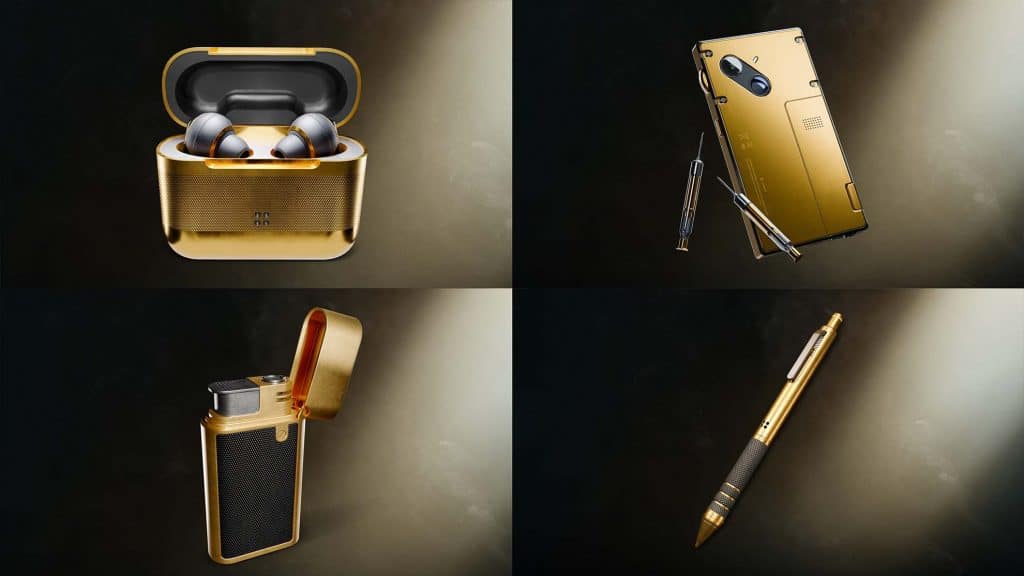 olden variants of Bond’s gadgets from the Gleaming Skin Pack in 007: First Light, including the Echo Trace headset, lighter, smartphone dart gun, and a pen reminiscent of GoldenEye’s (1995) explosive pen