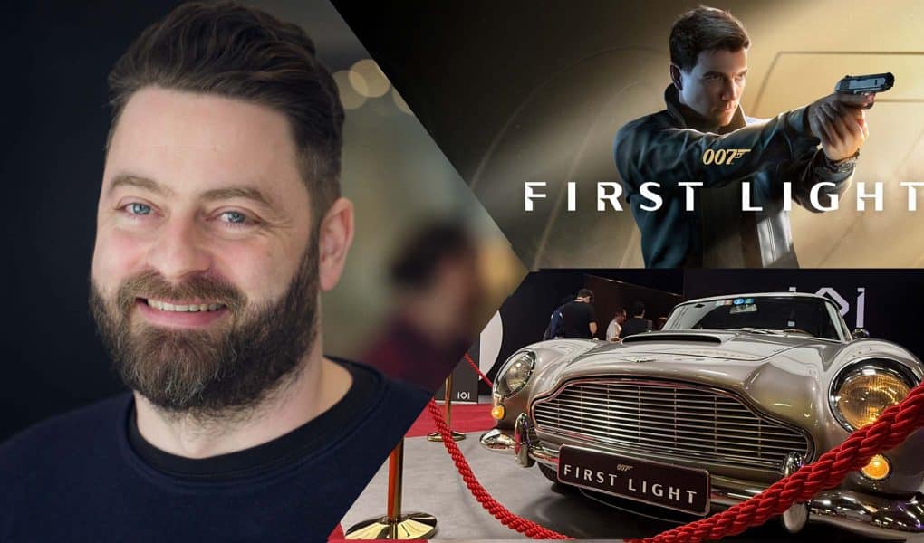 Header image for the interview with IO Interactive’s Art Director Rasmus Poulsen at Gamescom 2025, featuring his portrait, James Bond artwork from 007: First Light, and the iconic Aston Martin DB5 on display.