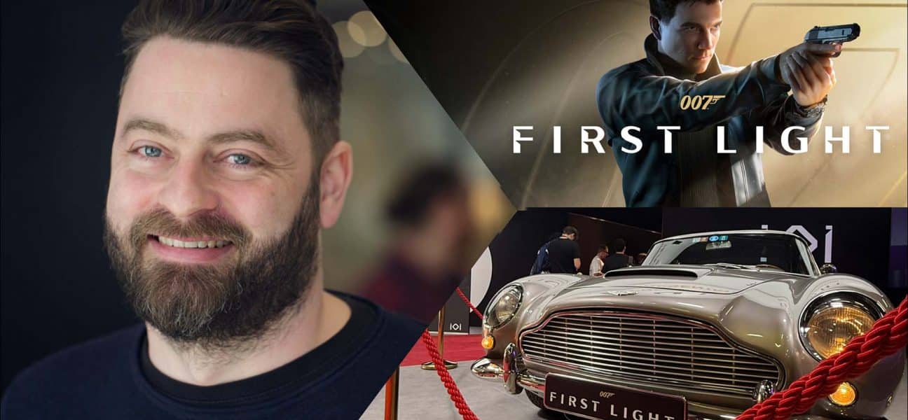 Header image for the interview with IO Interactive’s Art Director Rasmus Poulsen at Gamescom 2025, featuring his portrait, James Bond artwork from 007: First Light, and the iconic Aston Martin DB5 on display.