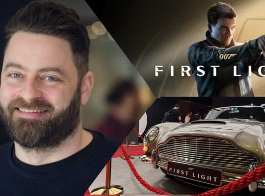 Header image for the interview with IO Interactive’s Art Director Rasmus Poulsen at Gamescom 2025, featuring his portrait, James Bond artwork from 007: First Light, and the iconic Aston Martin DB5 on display.
