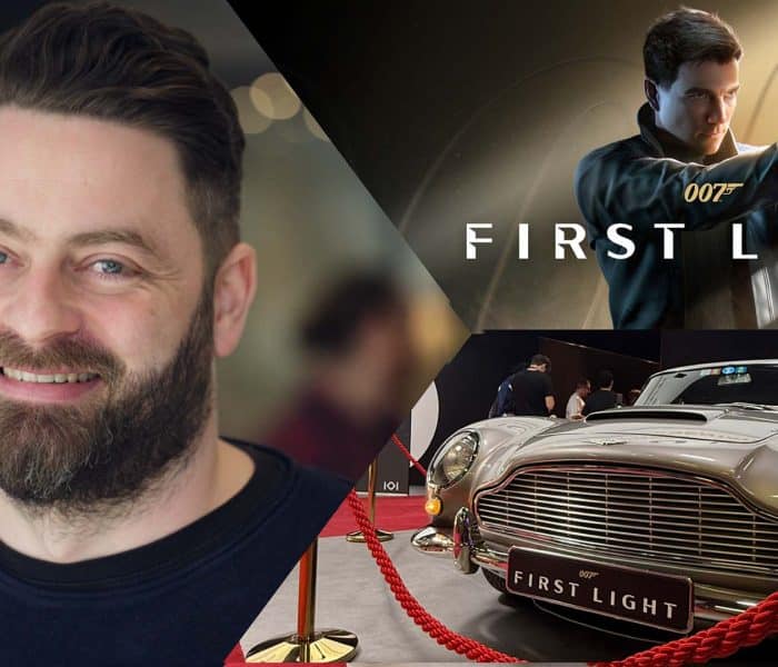 Header image for the interview with IO Interactive’s Art Director Rasmus Poulsen at Gamescom 2025, featuring his portrait, James Bond artwork from 007: First Light, and the iconic Aston Martin DB5 on display.