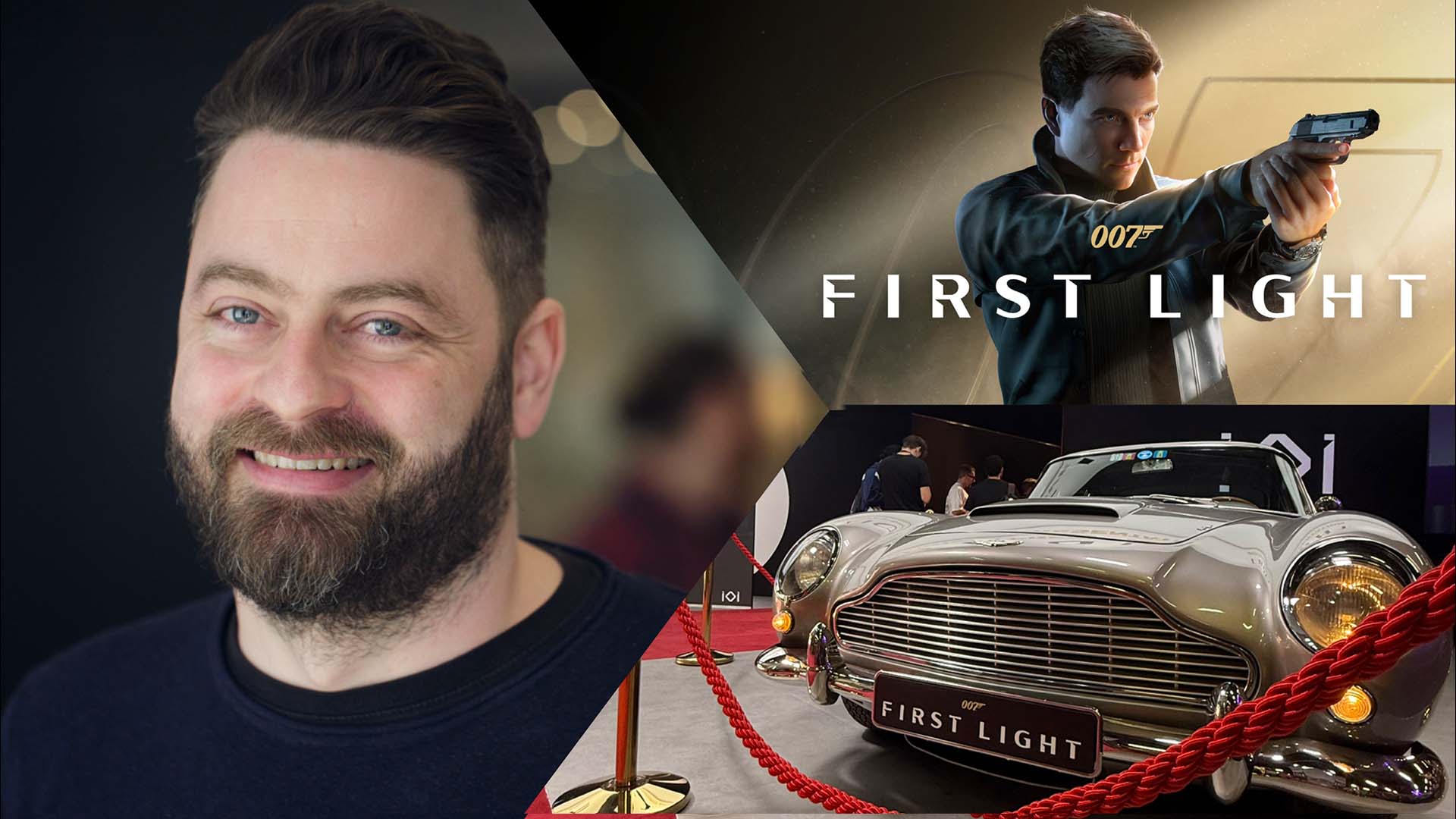 Header image for the interview with IO Interactive’s Art Director Rasmus Poulsen at Gamescom 2025, featuring his portrait, James Bond artwork from 007: First Light, and the iconic Aston Martin DB5 on display.