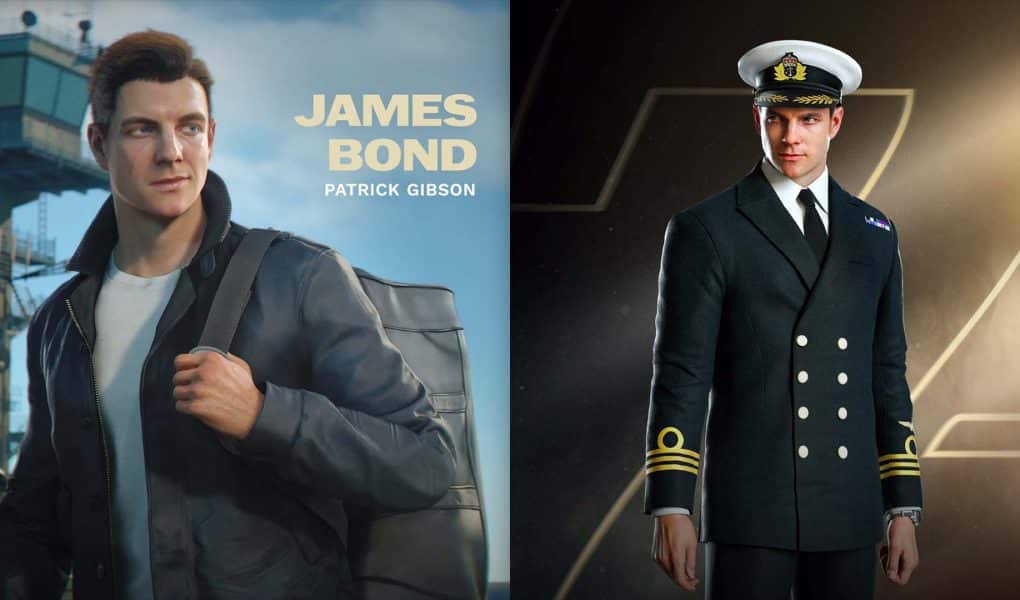 Patrick Gibson as James Bond in 007: First Light: on the left in casual Aircrewman attire with a naval backdrop, on the right in the dark Royal Navy Commander uniform included in the Deluxe Edition.