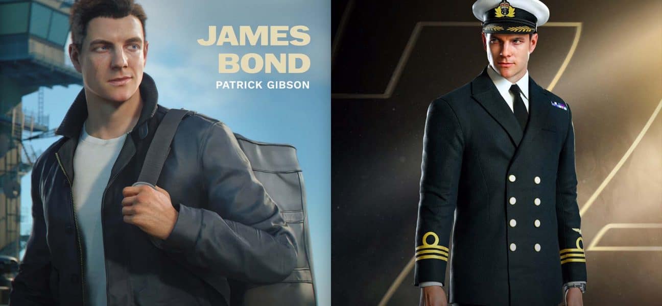 Patrick Gibson as James Bond in 007: First Light: on the left in casual Aircrewman attire with a naval backdrop, on the right in the dark Royal Navy Commander uniform included in the Deluxe Edition.