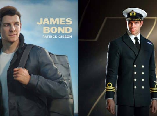 Patrick Gibson as James Bond in 007: First Light: on the left in casual Aircrewman attire with a naval backdrop, on the right in the dark Royal Navy Commander uniform included in the Deluxe Edition.