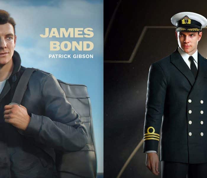 Patrick Gibson as James Bond in 007: First Light: on the left in casual Aircrewman attire with a naval backdrop, on the right in the dark Royal Navy Commander uniform included in the Deluxe Edition.