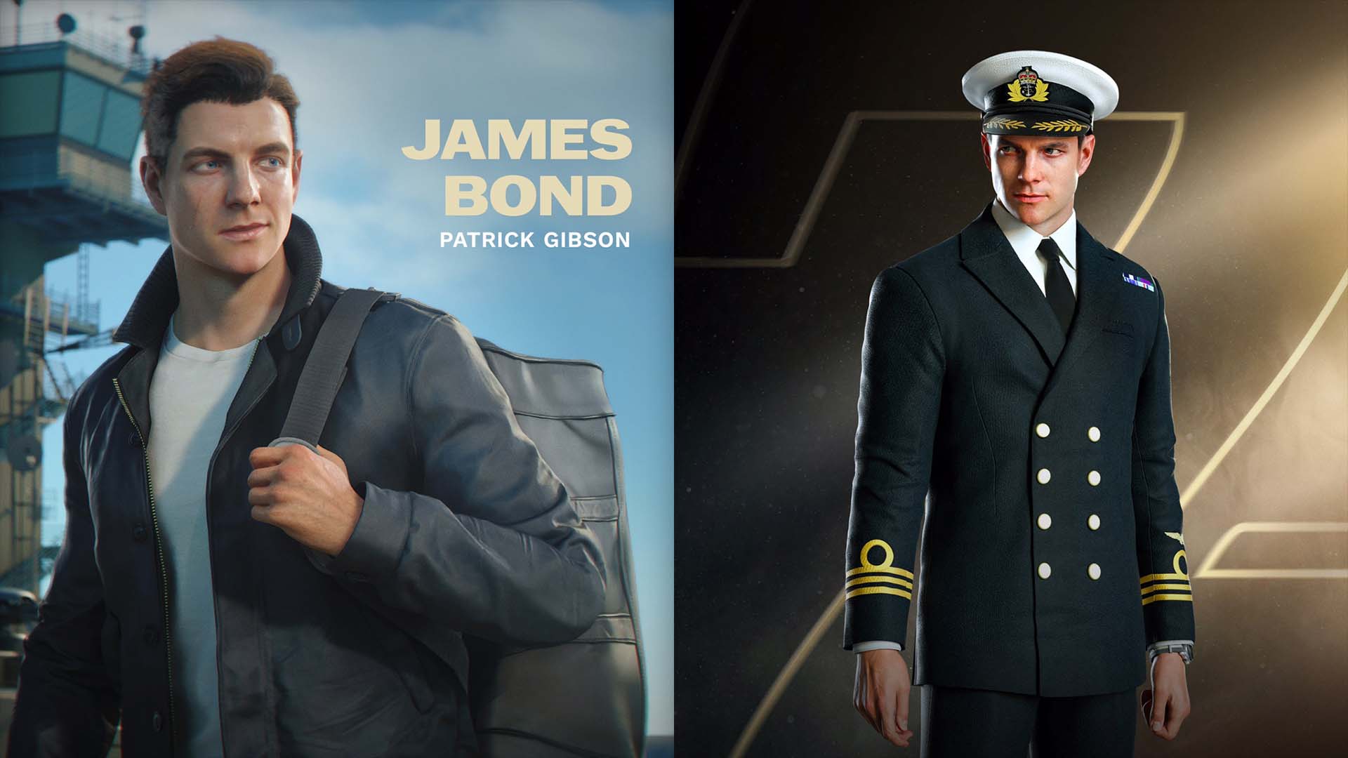 Patrick Gibson as James Bond in 007: First Light: on the left in casual Aircrewman attire with a naval backdrop, on the right in the dark Royal Navy Commander uniform included in the Deluxe Edition.