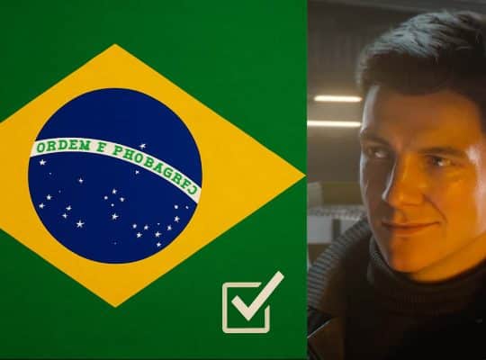 IO Interactive confirms Brazilian Portuguese text localization for 007: First Light, launching March 27, 2026. Image shows a Brazilian flag and James Bond grinning