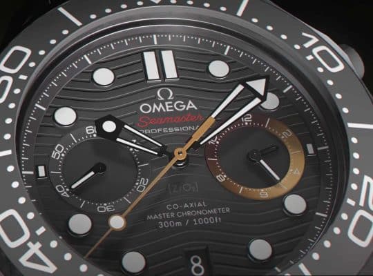 Close-up of the new Omega Seamaster as seen in 007: First Light, featuring the orange chronograph hand and the distinctive ring at 3 o’clock — design elements created exclusively for the game. Image credit: Omega / IO Interactive