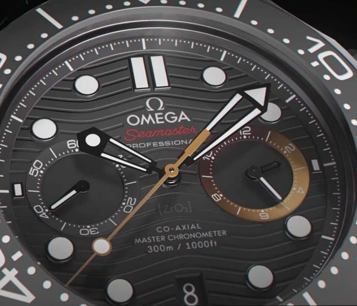 Close-up of the new Omega Seamaster as seen in 007: First Light, featuring the orange chronograph hand and the distinctive ring at 3 o’clock — design elements created exclusively for the game. Image credit: Omega / IO Interactive