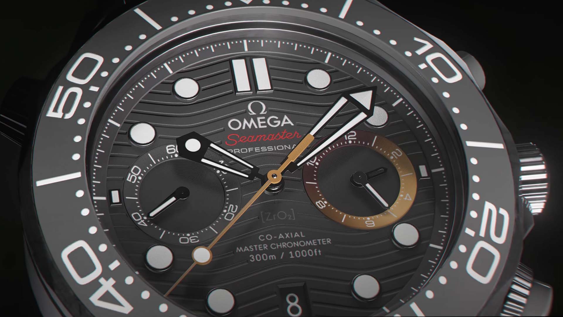 Close-up of the new Omega Seamaster as seen in 007: First Light, featuring the orange chronograph hand and the distinctive ring at 3 o’clock — design elements created exclusively for the game. Image credit: Omega / IO Interactive