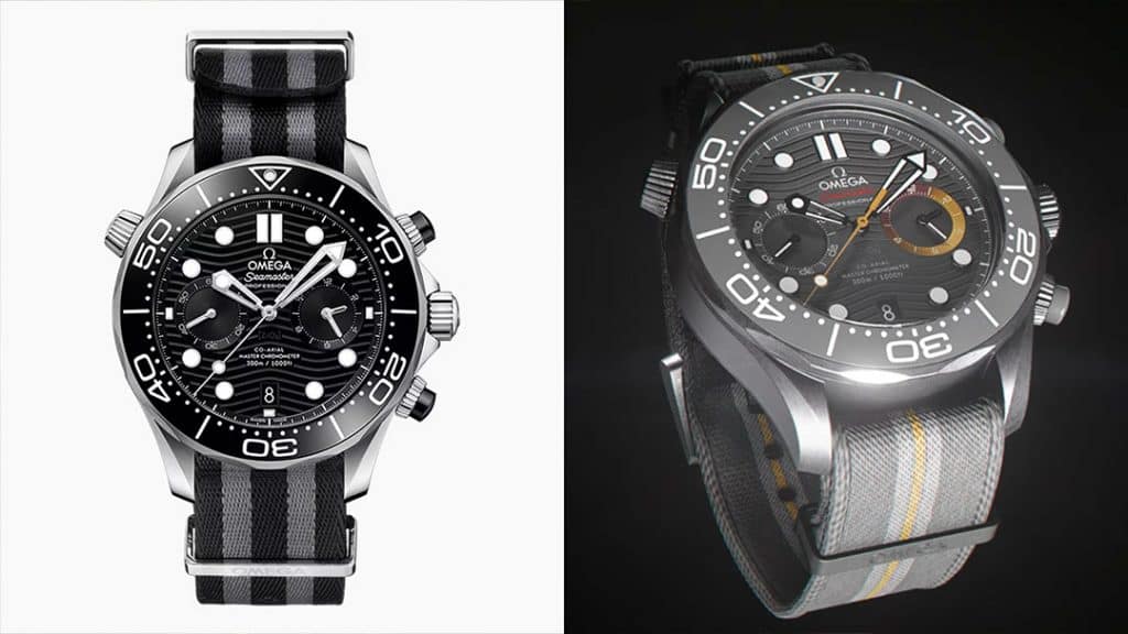 Left: the classic Omega Seamaster Diver 300M Chronograph 9900 with the traditional black-and-grey NATO strap. Right: the new in-game version featured in 007: First Light, with orange highlights
Image credit: Omega / IO Interactive