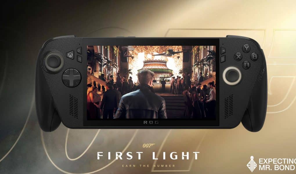 Mockup image of 007: First Light running on the ROG Xbox Ally X console. Support for this console was announced by IO Interactive