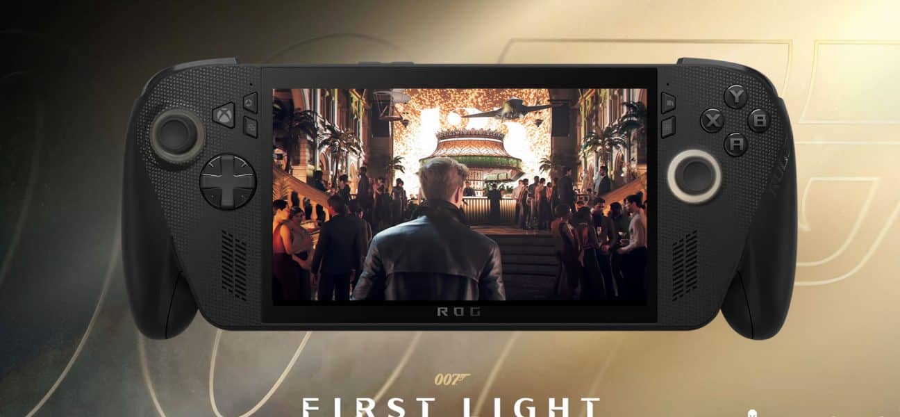 Mockup image of 007: First Light running on the ROG Xbox Ally X console. Support for this console was announced by IO Interactive