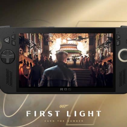 Mockup image of 007: First Light running on the ROG Xbox Ally X console. Support for this console was announced by IO Interactive