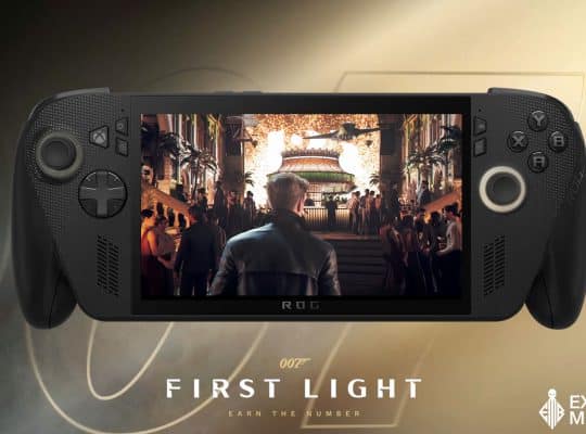 Mockup image of 007: First Light running on the ROG Xbox Ally X console. Support for this console was announced by IO Interactive