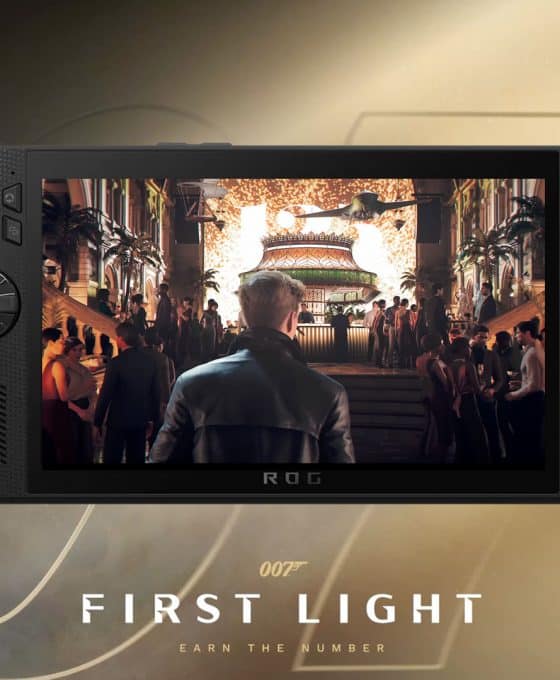 Mockup image of 007: First Light running on the ROG Xbox Ally X console. Support for this console was announced by IO Interactive