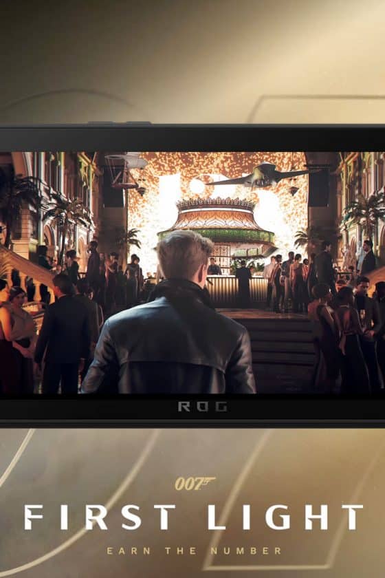Mockup image of 007: First Light running on the ROG Xbox Ally X console. Support for this console was announced by IO Interactive