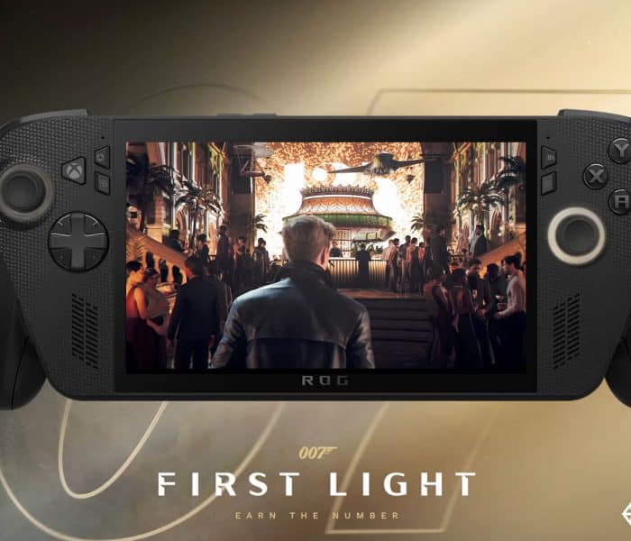 Mockup image of 007: First Light running on the ROG Xbox Ally X console. Support for this console was announced by IO Interactive