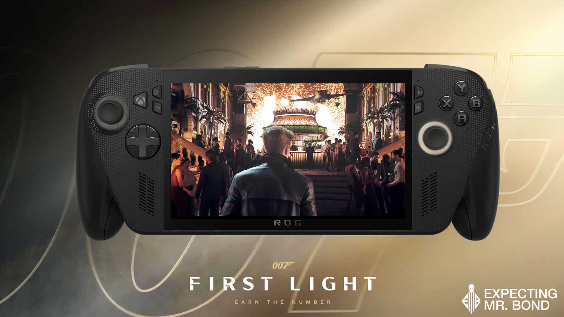 Mockup image of 007: First Light running on the ROG Xbox Ally X console. Support for this console was announced by IO Interactive