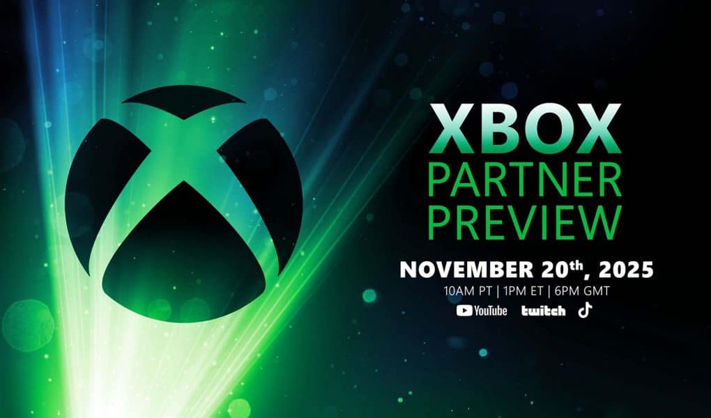 Official promotional artwork for the Xbox Partner Preview on November 20, 2025, featuring the Xbox logo on a green light background with event date and streaming platforms.