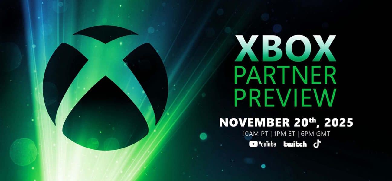 Official promotional artwork for the Xbox Partner Preview on November 20, 2025, featuring the Xbox logo on a green light background with event date and streaming platforms.