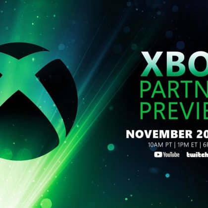 Official promotional artwork for the Xbox Partner Preview on November 20, 2025, featuring the Xbox logo on a green light background with event date and streaming platforms.